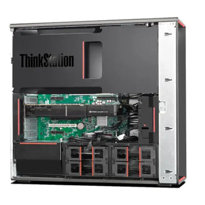 Lenovo ThinkStation P500 gaming barebone černý a stříbrný s červenými detaily, viditelná základní deska a více diskových pozic