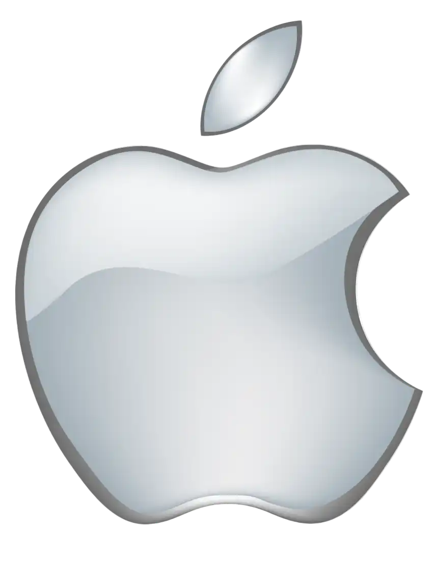 Zářící, kovové stříbrné logo jablka s kouskem odebraným z pravé strany.