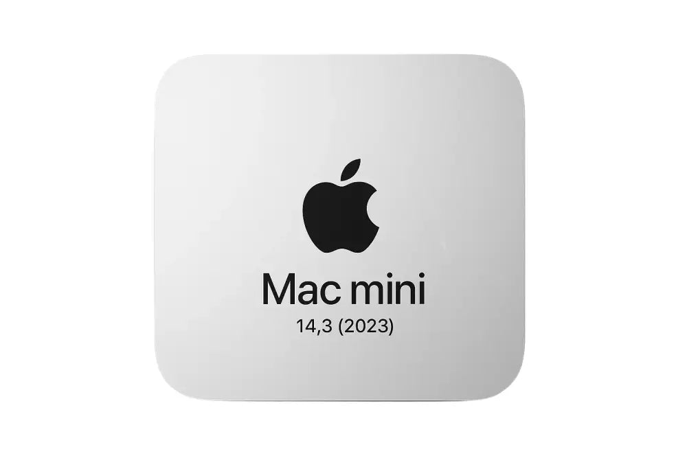 Stříbrný Mac Mini nejnovější generace s logem Apple a názvem Mac mini 14,3 (2023)
