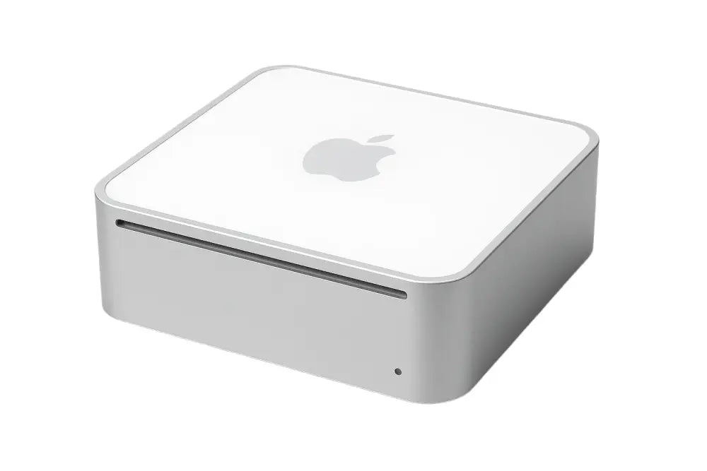 Stříbrné a bílé Mac mini 3,1 (2009) s slotem pro optickou mechaniku a RAM SSD HDD
