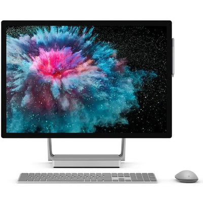 Stříbrný microsoft surface studio 28 dotykové aio s minimalistickým designem a integrovaným stylusem u boku