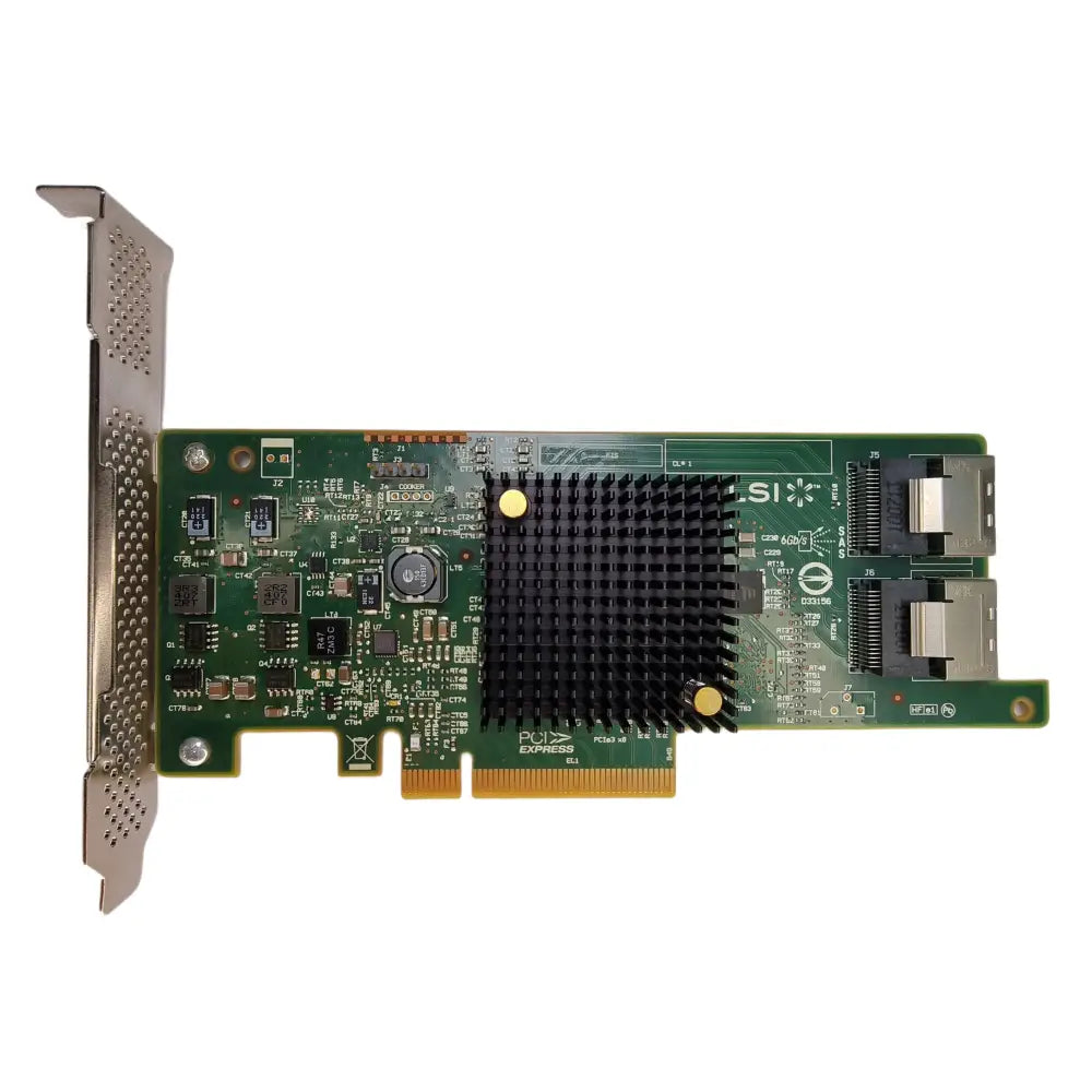 Zelená deska s černým chladičem a dvěma SAS porty pro PCI Express v produktu Řadič Dell GTP9G LSI SAS9217-8i 6 Gb