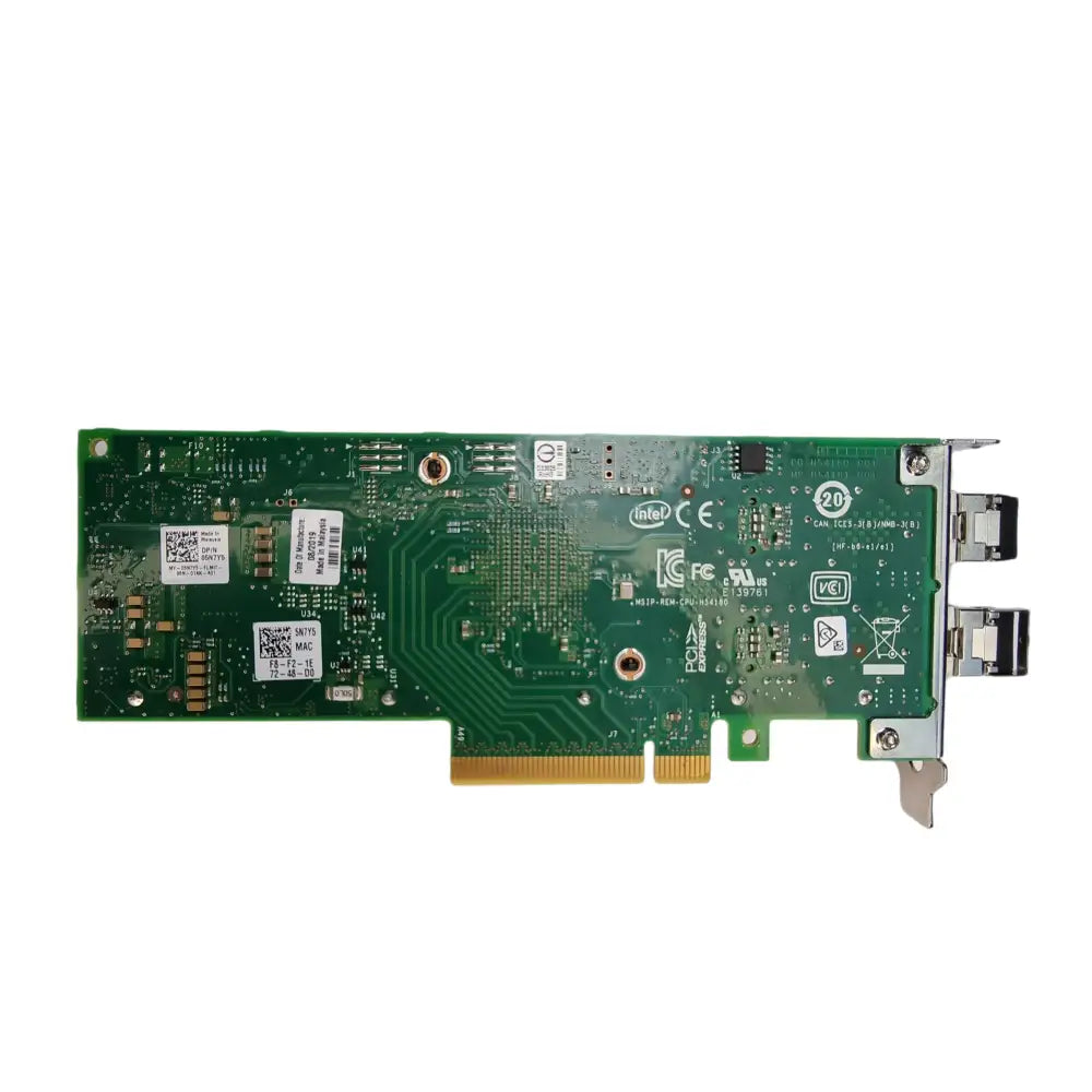 Zelený síťový adaptér Dell 5N7Y5 s dvěma SFP+ porty a PCIe konektorem