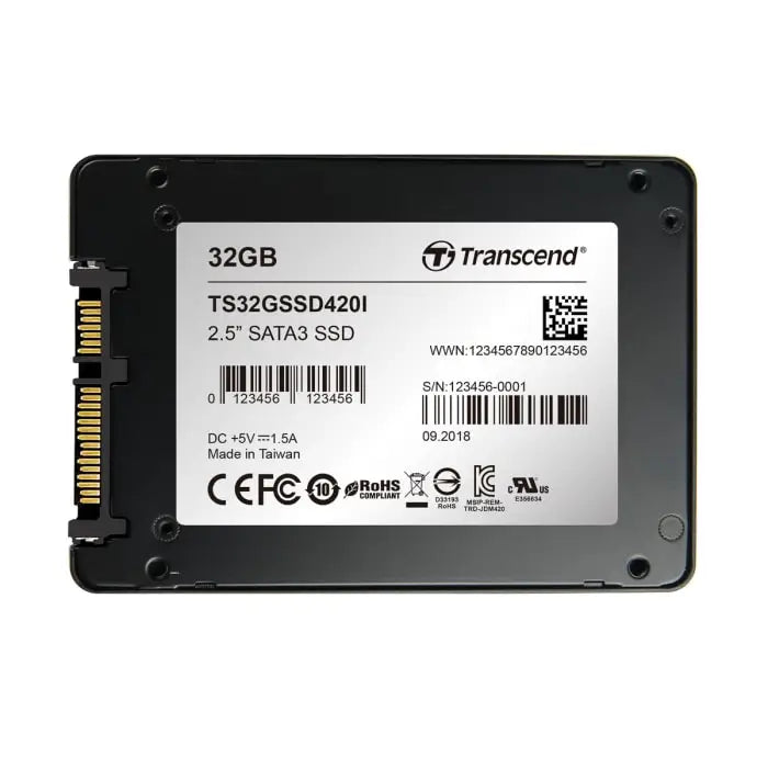 Černý 2,5palcový transcend ts32gssd420i sata3 ssd s stříbrným štítkem a zlatými konektory pro 64gb sata použití
