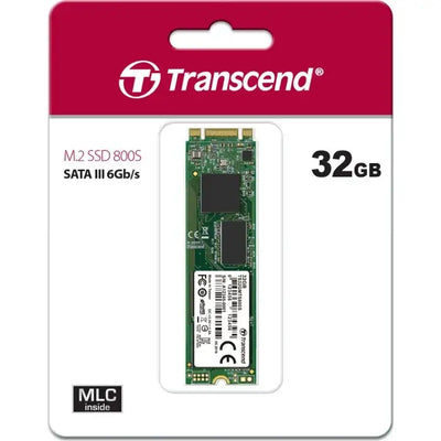 Transcend m.2 ssd 64gb sata s pevnou deskou zelene barvy a cernymi cipmi v bilem baleni s cervenym nazvem 32gb