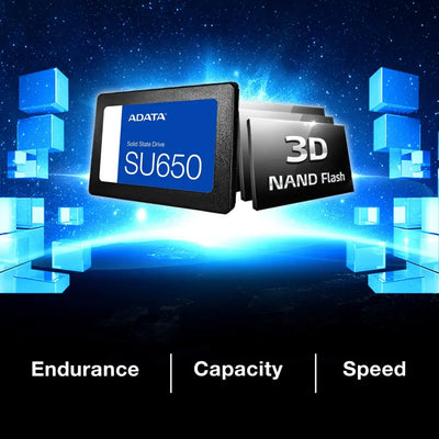 Černý ssd adata ultimate su650 512gb 2.5 sata iii s modrým štítkem a bílým textem 3d nand flash