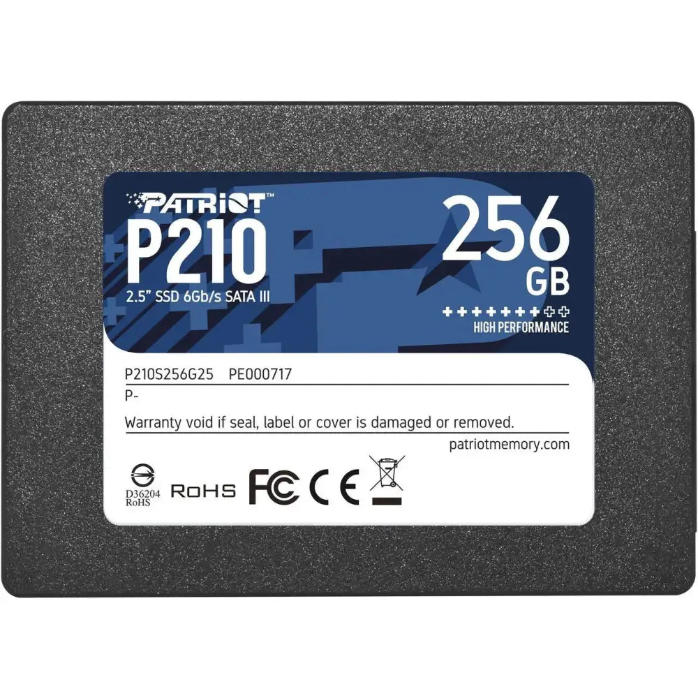 Ssd patriot p210 256gb 2.5 sata iii s modrým a bílým štítkem na černém texturovaném pouzdru